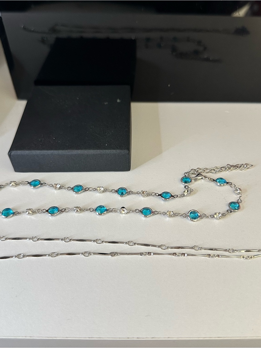 2 Silver Chain Necklace with Turquoise Blue Crystal Accents